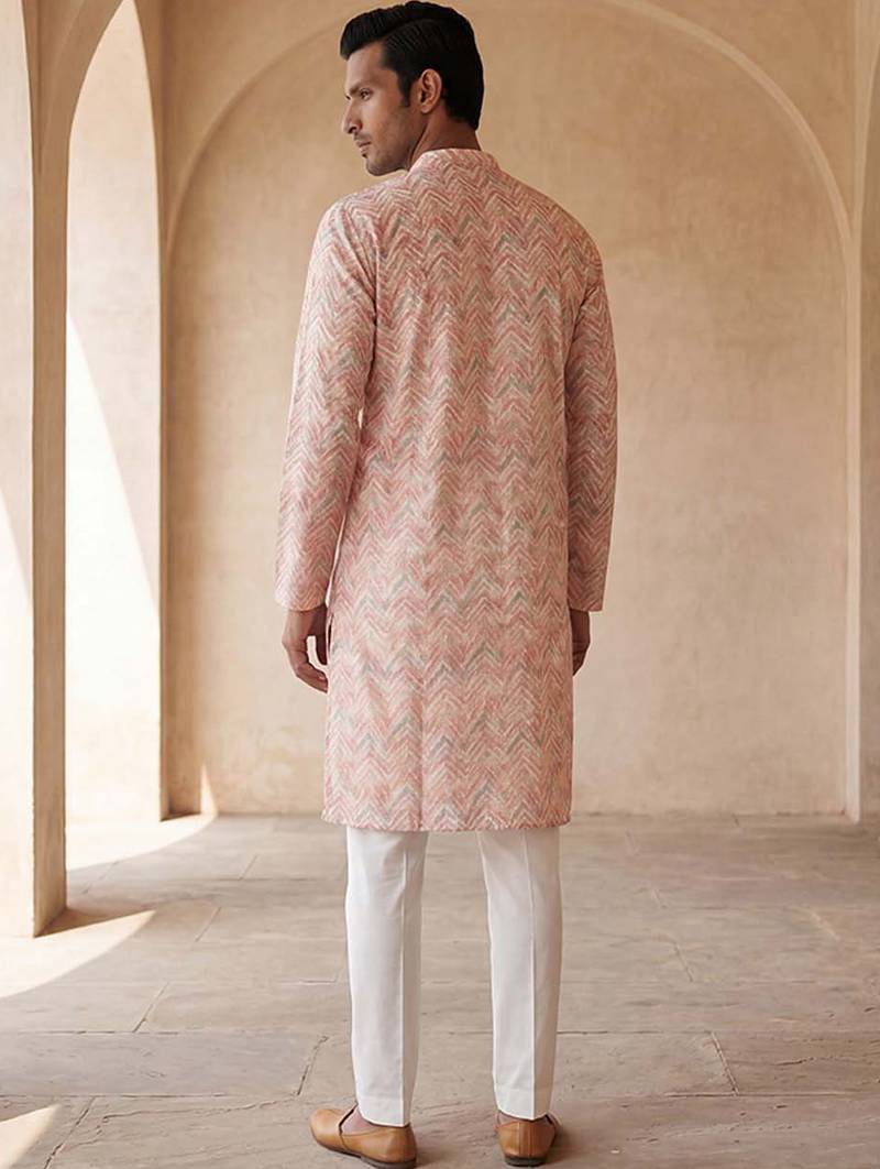 Mens peach cotton blend chevron embroidered kurta