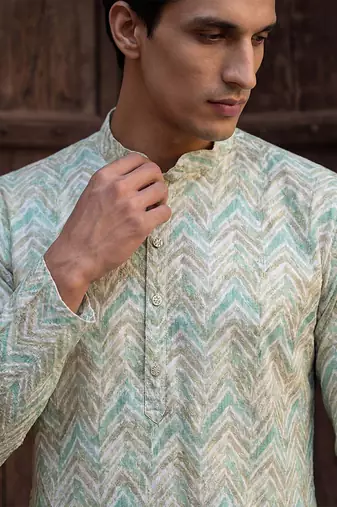 Mens green cotton blend chevron embroidered kurta