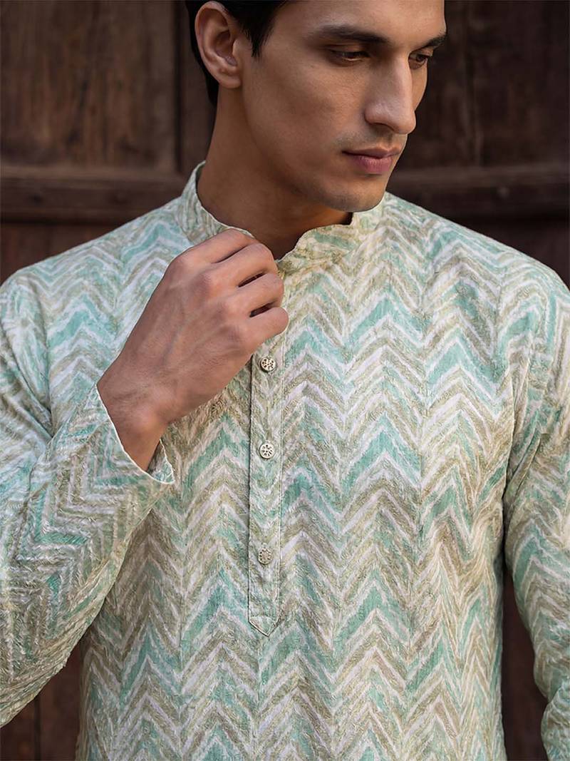 Mens green cotton blend chevron embroidered kurta