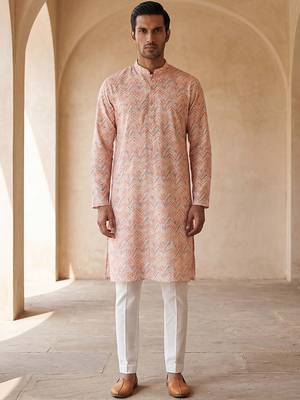 Mens peach cotton blend chevron embroidered kurta with trouser 5