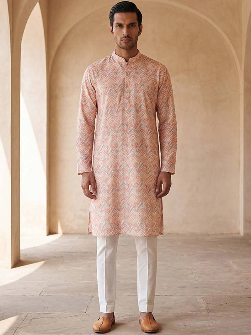 Mens peach cotton blend chevron embroidered kurta with trouser