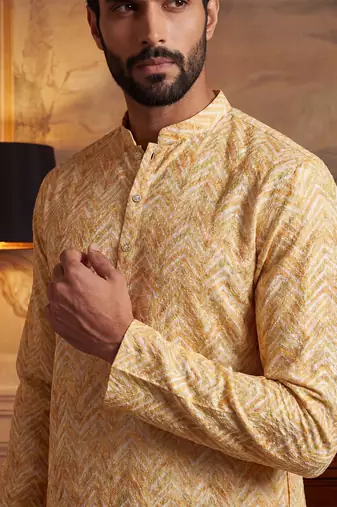 Mens yellow cotton blend chevron embroidered kurta