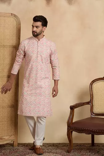 Mens peach cotton blend chevron embroidered kurta