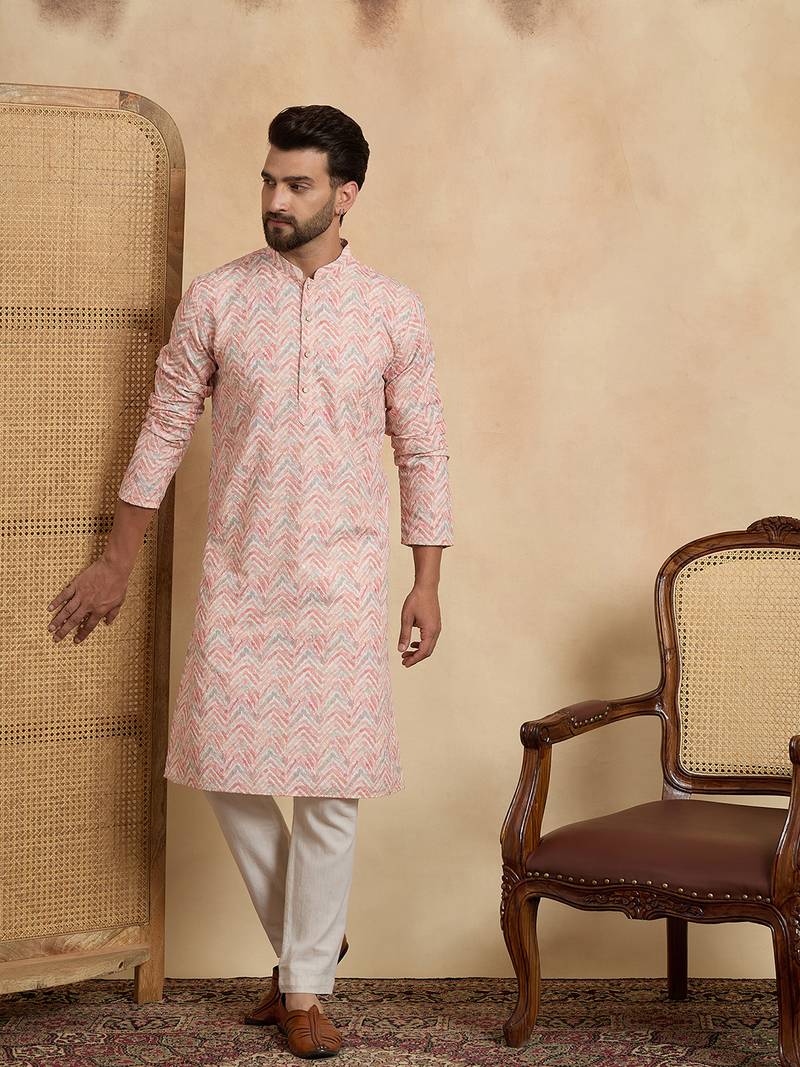 Mens peach cotton blend chevron embroidered kurta