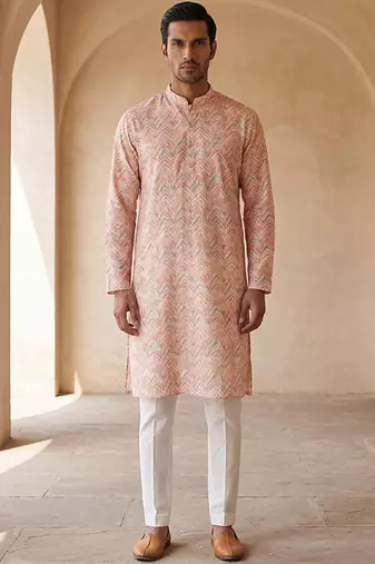 Mens peach cotton blend chevron embroidered kurta