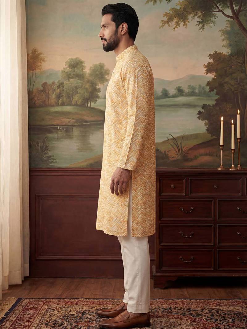 Mens yellow cotton blend chevron embroidered kurta