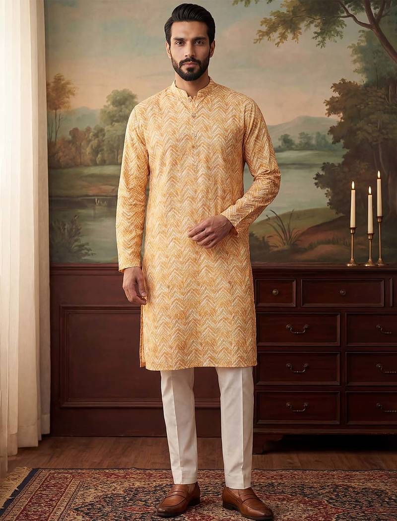 Mens yellow cotton blend chevron embroidered kurta