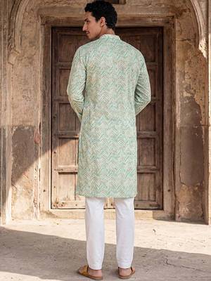 Mens green cotton blend chevron embroidered kurta 4