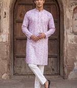 Mens lavender cotton blend chevron embroidered kurta