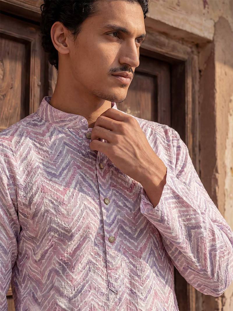 Mens lavender cotton blend chevron embroidered kurta