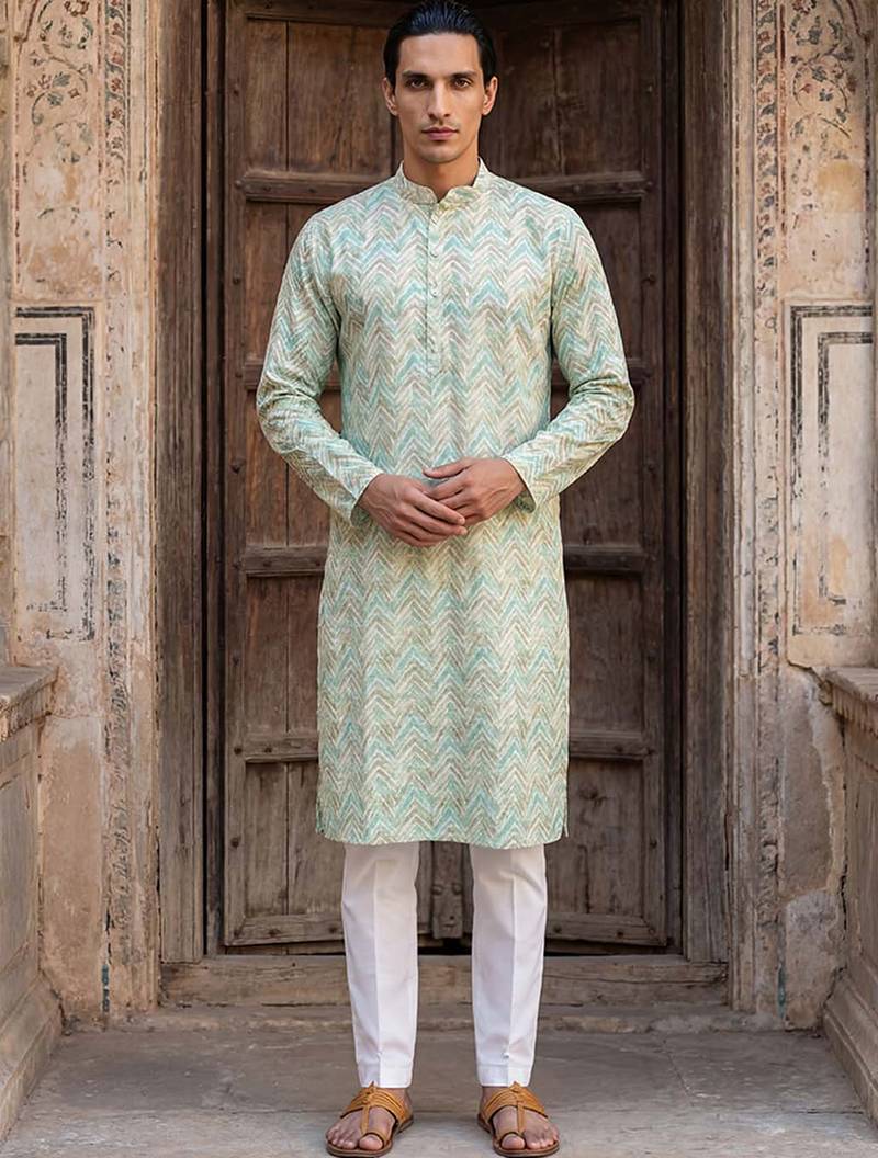 Mens green cotton blend chevron embroidered kurta