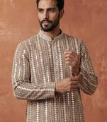 Mens brown rayon blend embroidered solid kurta