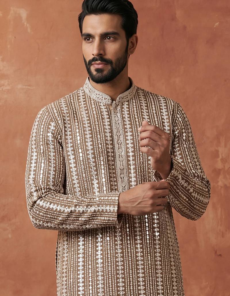 Mens brown rayon blend embroidered solid kurta
