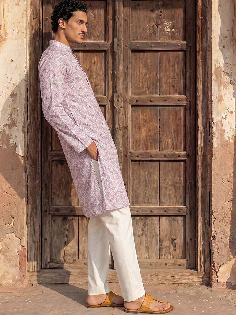 Mens lavender cotton blend chevron embroidered kurta