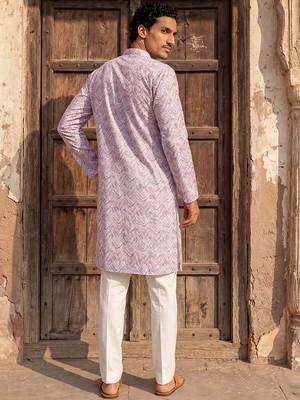 Mens lavender cotton blend chevron embroidered kurta 4