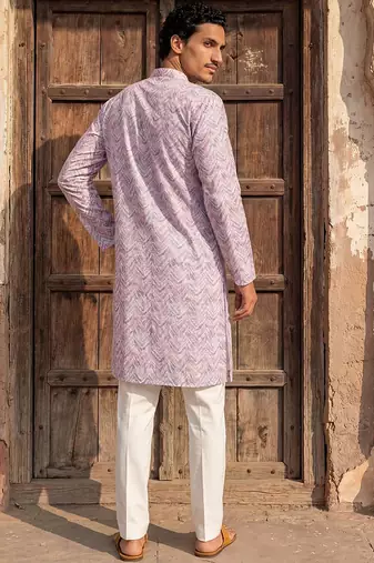 Mens lavender cotton blend chevron embroidered kurta