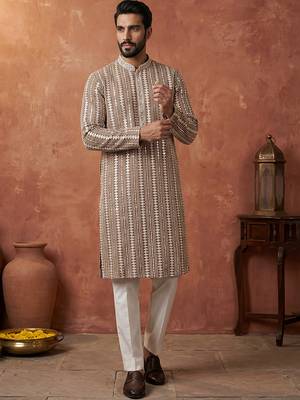 Mens brown rayon blend embroidered solid kurta 2