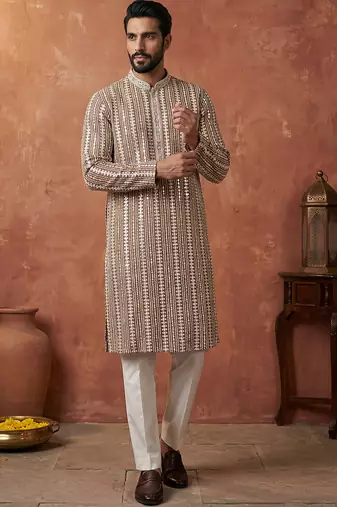 Mens brown rayon blend embroidered solid kurta
