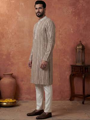 Mens brown rayon blend embroidered solid kurta 3