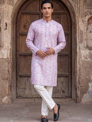 Mens lavender cotton blend chevron embroidered kurta with trouser 1