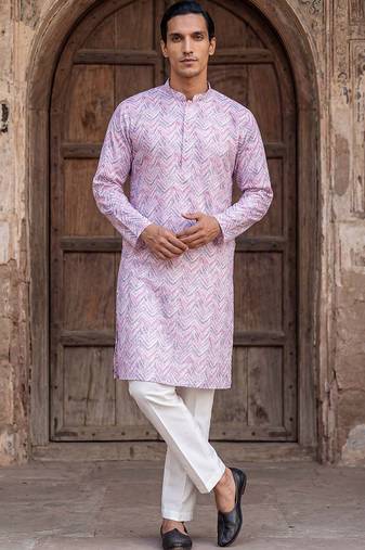 Mens lavender cotton blend chevron embroidered kurta with trouser