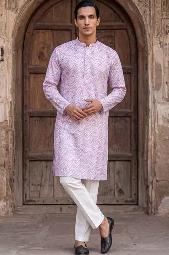 Mens lavender cotton blend chevron embroidered kurta with trouser