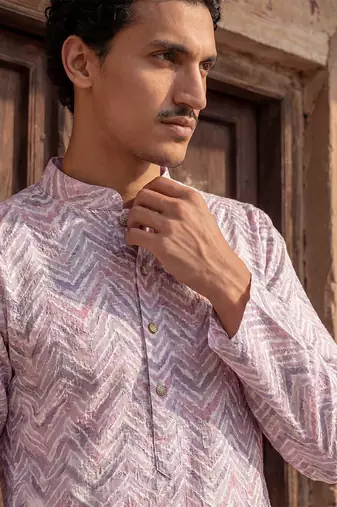 Mens lavender cotton blend chevron embroidered kurta with trouser