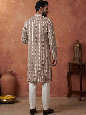 Mens brown rayon blend embroidered solid kurta 4