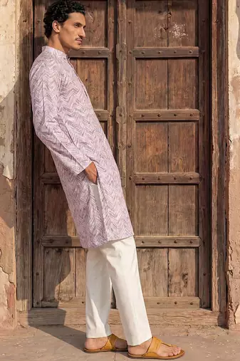 Mens lavender cotton blend chevron embroidered kurta with trouser