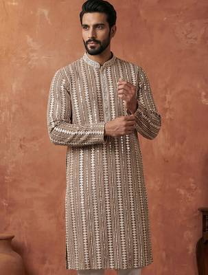 Mens brown rayon blend embroidered solid kurta 5