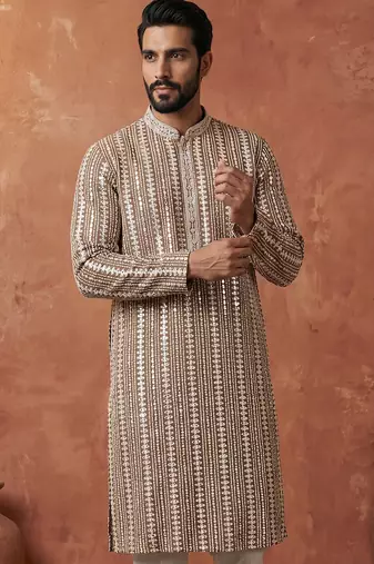 Mens brown rayon blend embroidered solid kurta