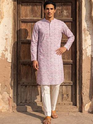 Mens lavender cotton blend chevron embroidered kurta with trouser 5