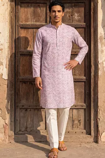Mens lavender cotton blend chevron embroidered kurta with trouser