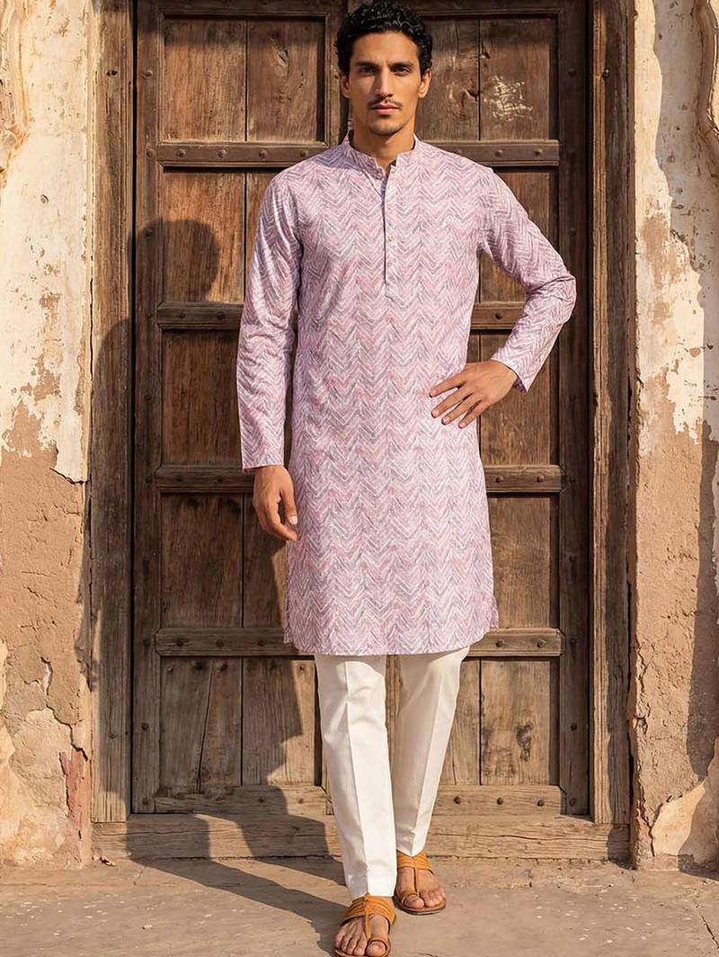Mens lavender cotton blend chevron embroidered kurta with trouser