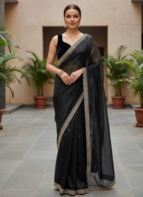 Black Color  Sequins with jari dori Embroidery work Net Sareer 1