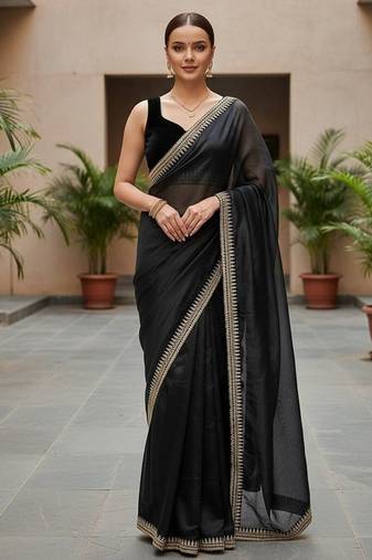 Black Color  Sequins with jari dori Embroidery work Net Sareer