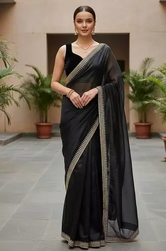 Black Color  Sequins with jari dori Embroidery work Net Sareer