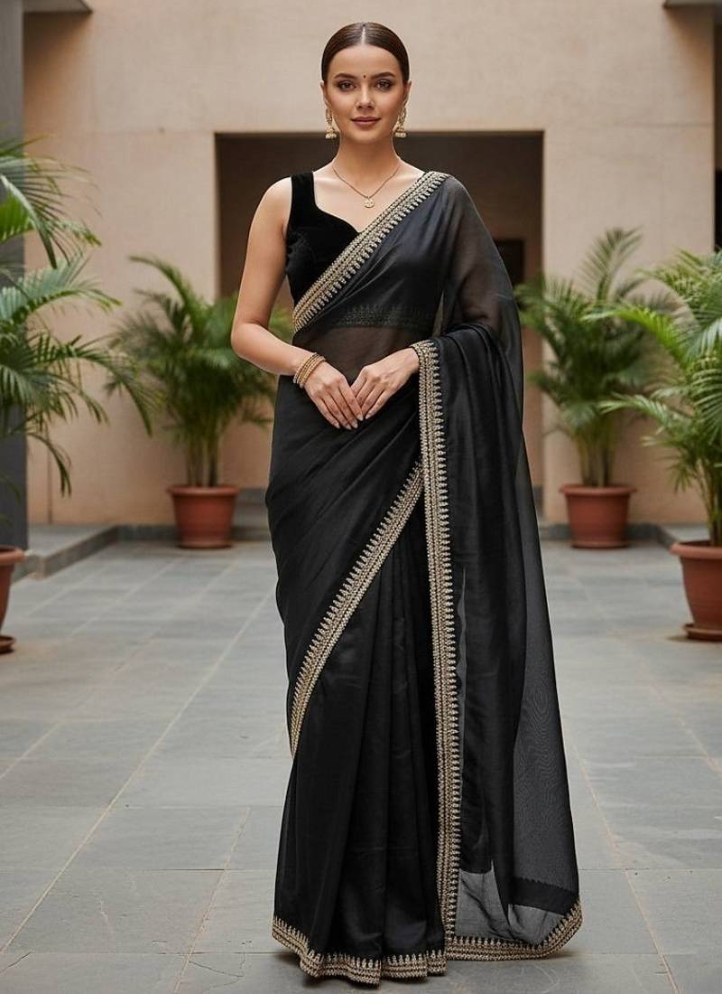 Black Color  Sequins with jari dori Embroidery work Net Sareer