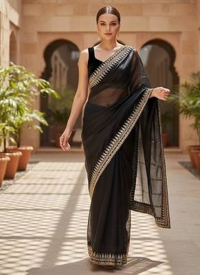 Black Color  Sequins with jari dori Embroidery work Net Sareer 2