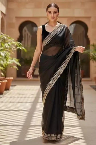 Black Color  Sequins with jari dori Embroidery work Net Sareer