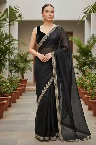 Black Color  Sequins with jari dori Embroidery work Net Sareer