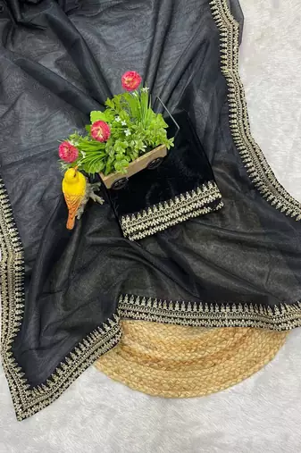 Black Color  Sequins with jari dori Embroidery work Net Sareer