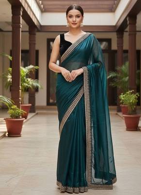 Peacock Blue Color  Sequins with jari dori Embroidery work Net Sareer 1