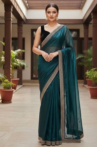 Peacock Blue Color  Sequins with jari dori Embroidery work Net Sareer