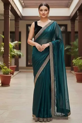 Peacock Blue Color  Sequins with jari dori Embroidery work Net Sareer