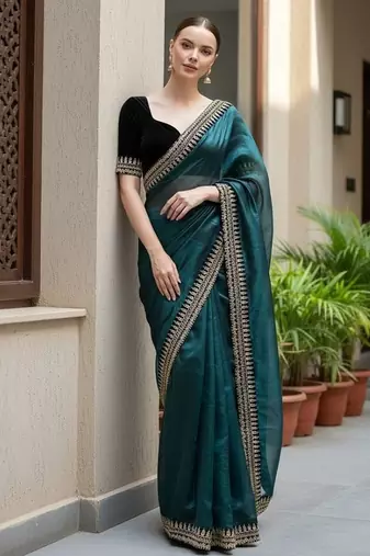 Peacock Blue Color  Sequins with jari dori Embroidery work Net Sareer