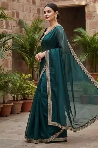 Peacock Blue Color  Sequins with jari dori Embroidery work Net Sareer
