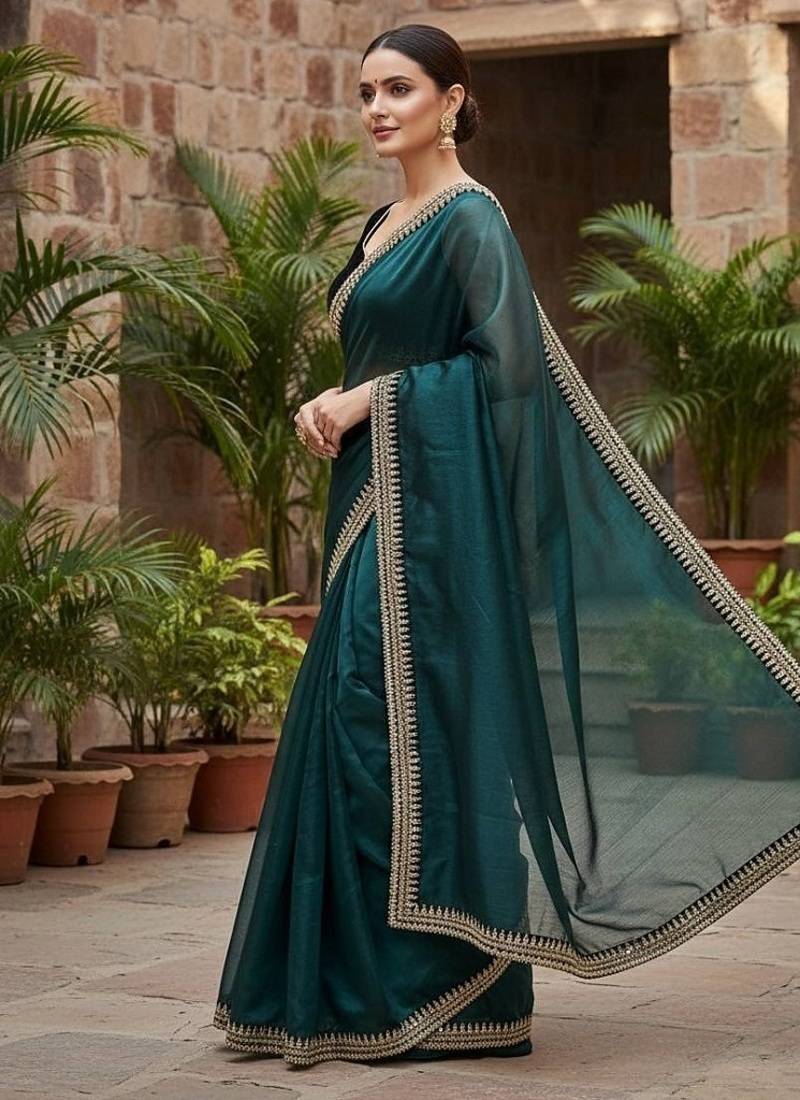 Peacock Blue Color  Sequins with jari dori Embroidery work Net Sareer