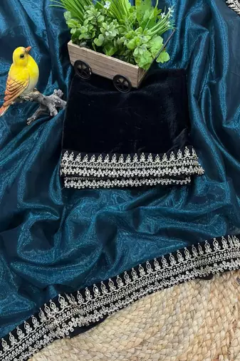 Peacock Blue Color  Sequins with jari dori Embroidery work Net Sareer