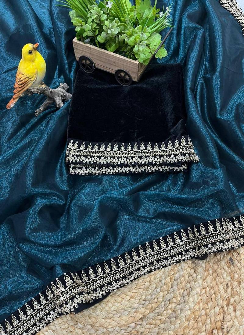 Peacock Blue Color  Sequins with jari dori Embroidery work Net Sareer